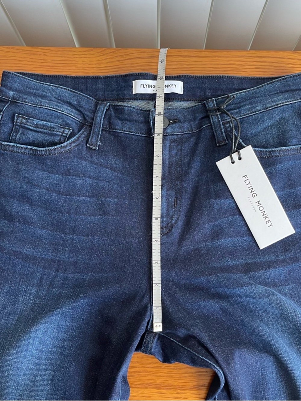 NWT Flying Monkey Santa Monica Mid-Rise Jeans Size 30 Blue Denim Black Panel Hem - Picture 8 of 14